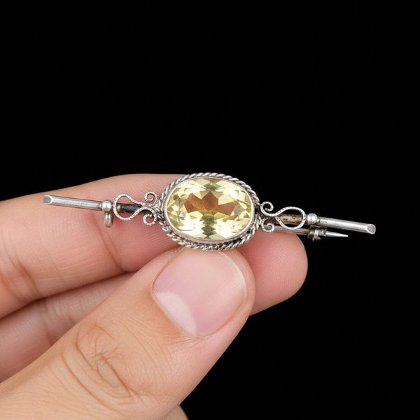 Vintage Sterling Silver Citrine Bar Brooch
