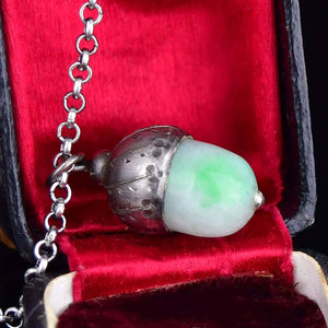 Vintage Silver Marbled Jade Acorn Pendant Necklace - Boylerpf