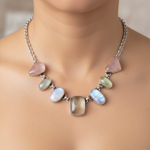 Vintage Silver Green, Rutilated, & Rose Quartz Necklace - Boylerpf