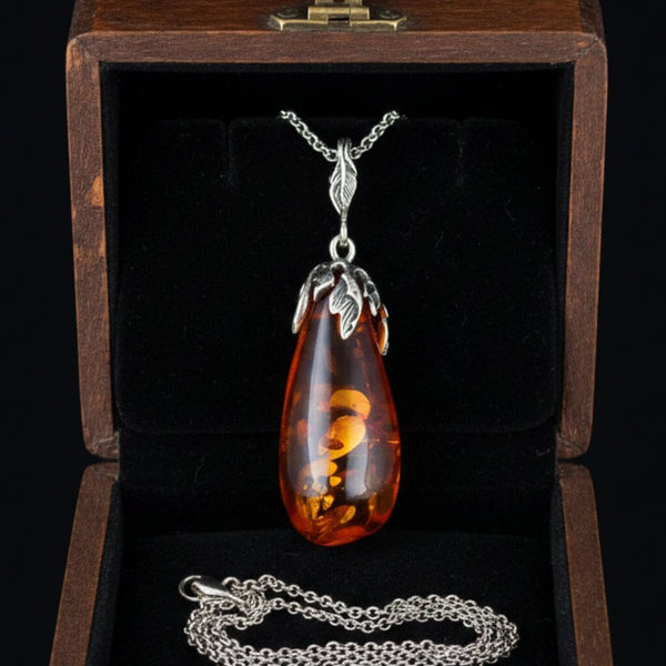 Sterling Silver Vine Leaf Natural Baltic Amber Pendant