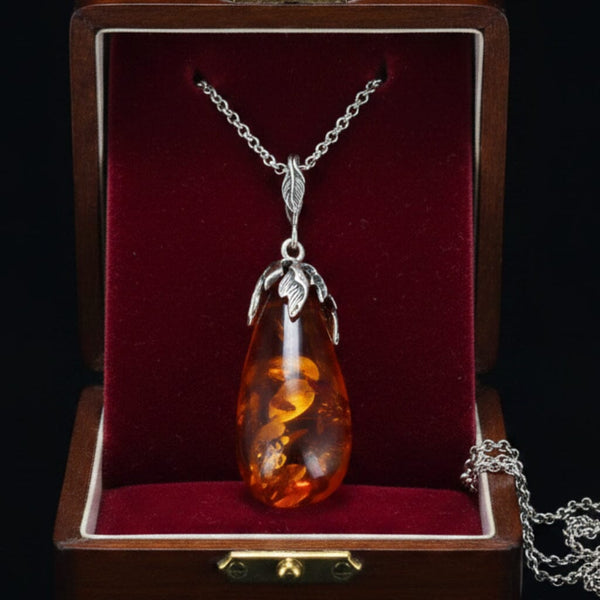 Sterling Silver Vine Leaf Natural Baltic Amber Pendant