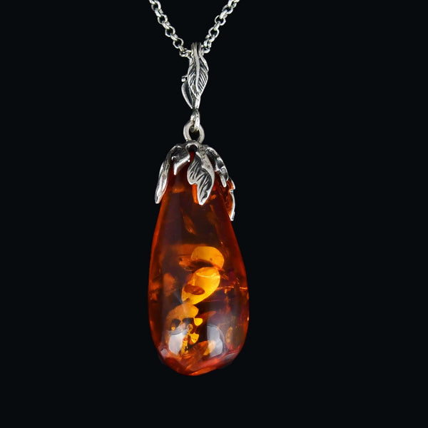 Sterling Silver Vine Leaf Natural Baltic Amber Pendant