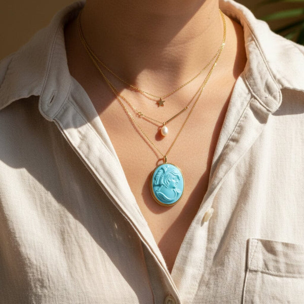 Vintage 14K Gold Blue Howlite Cameo Brooch Pendant