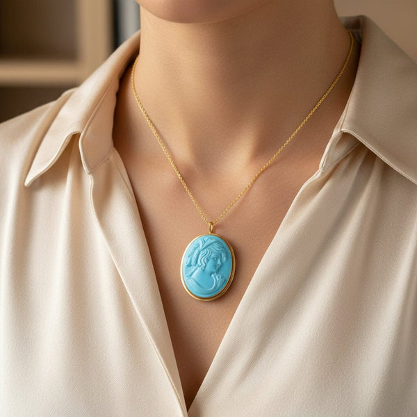 Vintage 14K Gold Blue Howlite Cameo Brooch Pendant