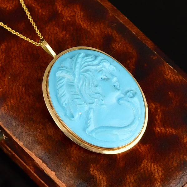 Vintage 14K Gold Blue Howlite Cameo Brooch Pendant