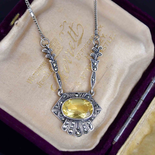 Silver Art Deco Citrine Marcasite Shell Floral Necklace - Boylerpf