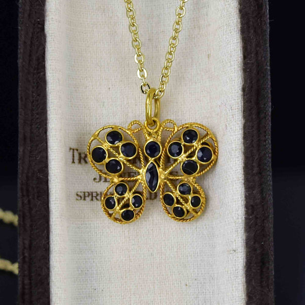 Vintage 14K Gold Double Sided Blue Sapphire Butterfly Pendant Necklace