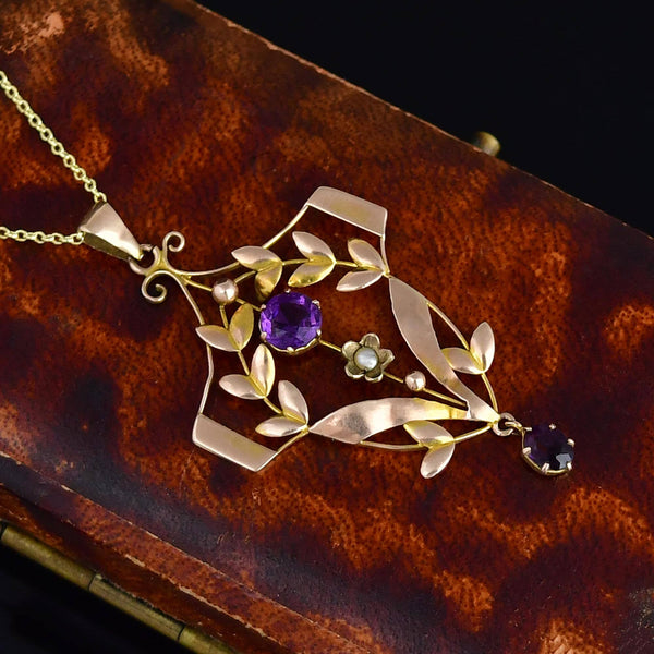 Antique Edwardian Gold Amethyst Seed Pearl Pendant - Boylerpf