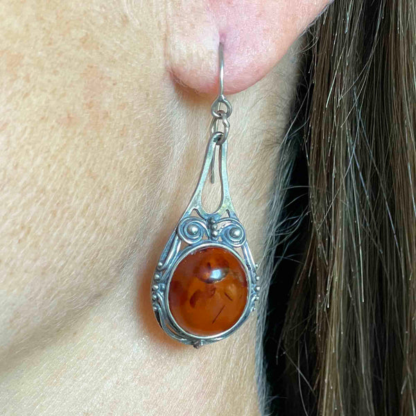 Arts and Crafts Style Silver Scroll Natural Amber Drop Earrings - Boylerpf