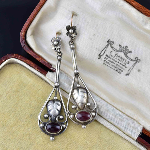 Vintage Arts and Crafts Silver Garnet Cabochon Earrings - Boylerpf