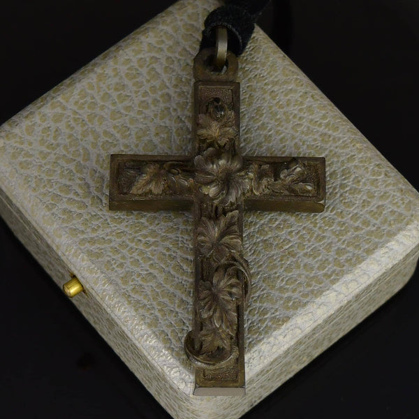 Large Antique Victorian Vulcanite Floral Cross Pendant