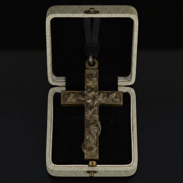 Large Antique Victorian Vulcanite Floral Cross Pendant
