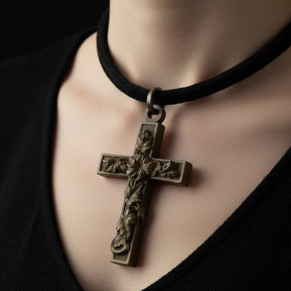 Large Antique Victorian Vulcanite Floral Cross Pendant