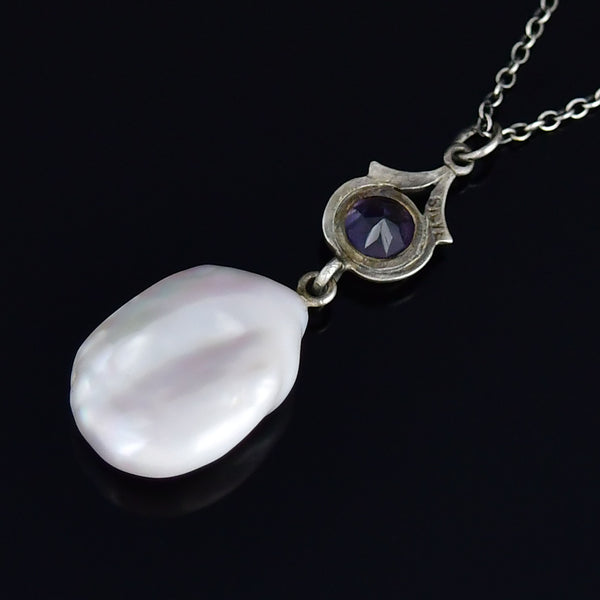 Antique Sterling Silver Amethyst Baroque Pearl Necklace