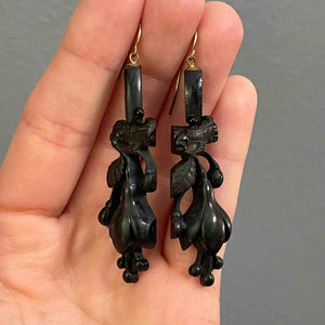 Antique Victorian Snowdrop Flower Whitby Jet Earrings - Boylerpf