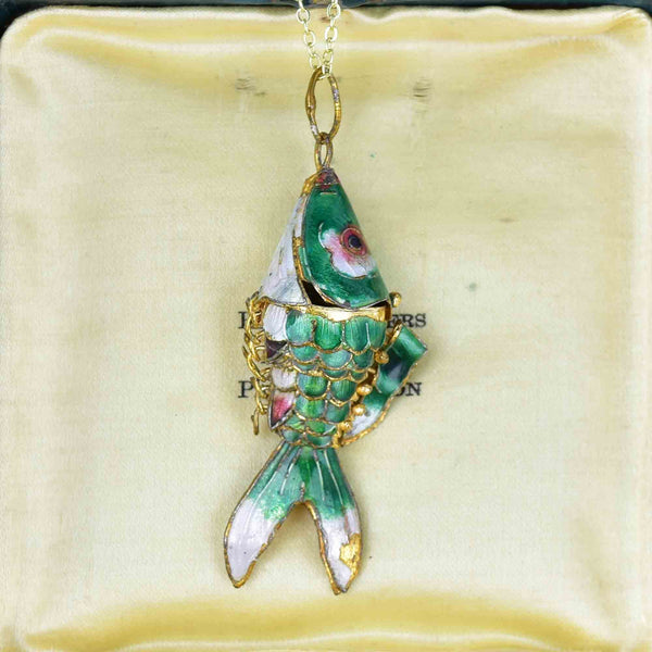 Vintage Articulated Green Enamel Koi Fish Pendant Necklace - Boylerpf