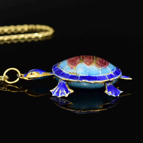 Vintage Blue Enamel Articulated Turtle Pendant Necklace - Boylerpf