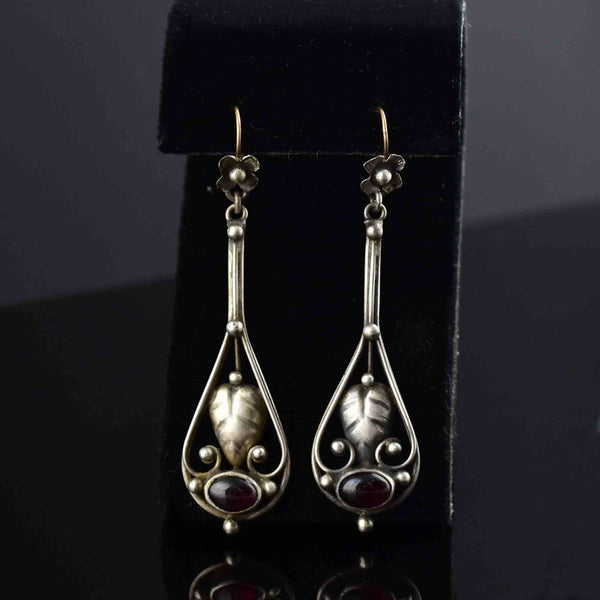 Vintage Arts and Crafts Silver Garnet Cabochon Earrings - Boylerpf