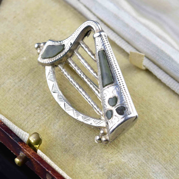 Antique Victorian Silver Irish Connemara Marble Harp Brooch - Boylerpf