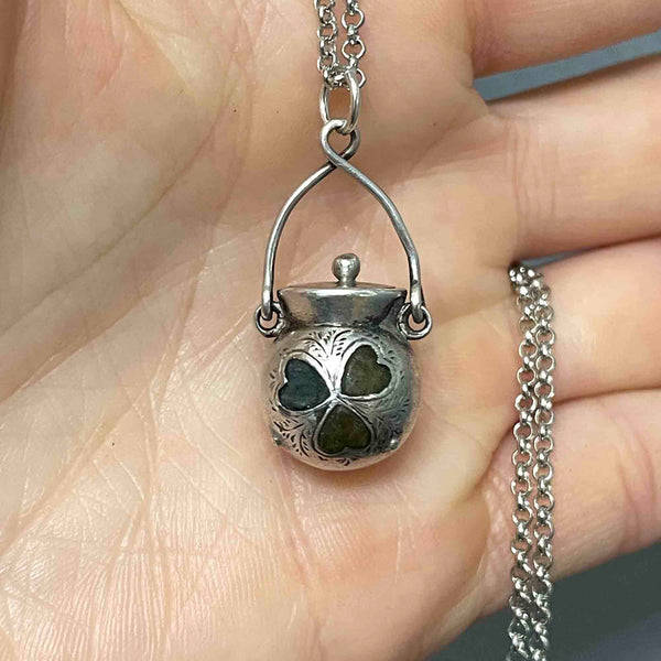 Antique Victorian Silver Connemara Marble Cauldron Pendant Necklace - Boylerpf