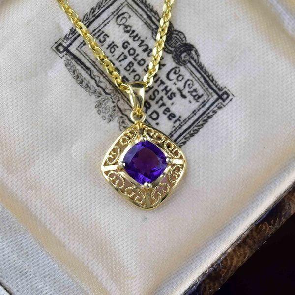 Vintage 14K Gold Filigree Amethyst Pendant Necklace - Boylerpf