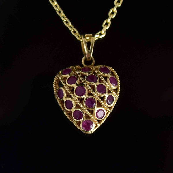 Vintage 14K Gold Filigree Ruby Sapphire Heart Pendant Necklace - Boylerpf