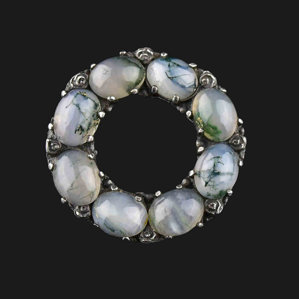 Vintage Arts and Crafts Silver Moss Agate Brooch - Boylerpf