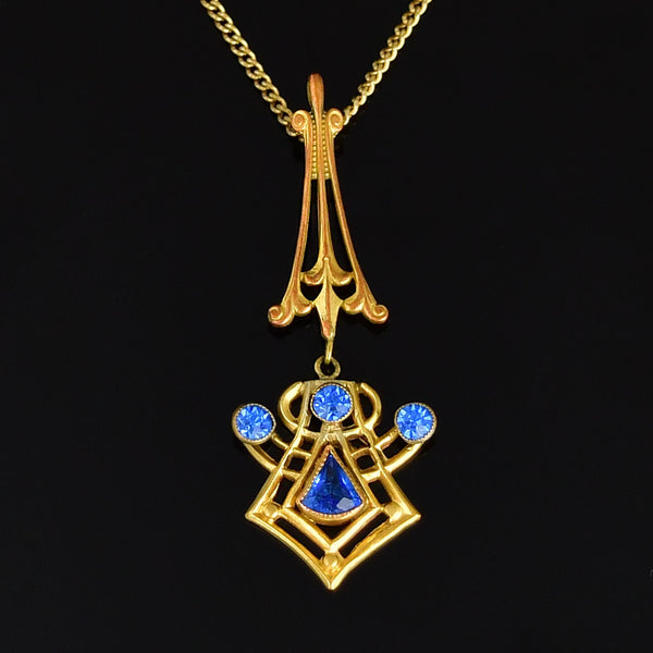 10K Gold Art Nouveau Blue Sapphire Lavalier Pendant Necklace