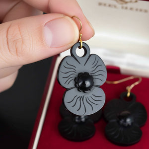 Antique Victorian Carved Whitby Jet Pansy Earrings - Boylerpf