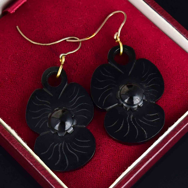 Antique Victorian Carved Whitby Jet Pansy Flower Earrings - Boylerpf