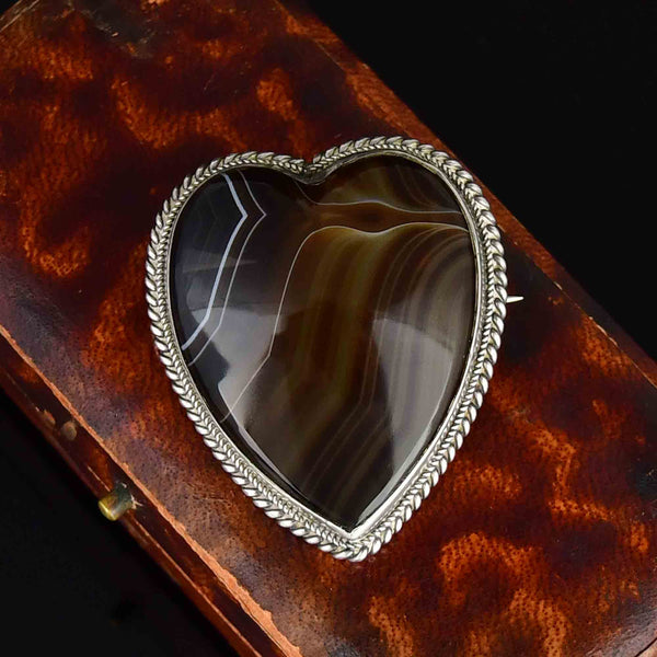 Antique Victorian Silver Scottish Banded Agate Heart Brooch - Boylerpf