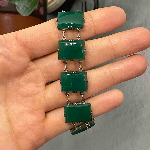 Sterling Silver Art Deco Chrysoprase Wide Link Chain Bracelet - Boylerpf