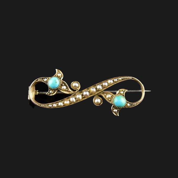 Antique Gold Turquoise Seed Pearl Figure 8 Brooch - Boylerpf