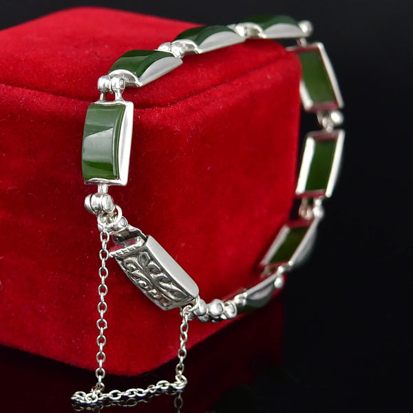 Vintage Sterling Silver Green Agate Hinged Link Bracelet