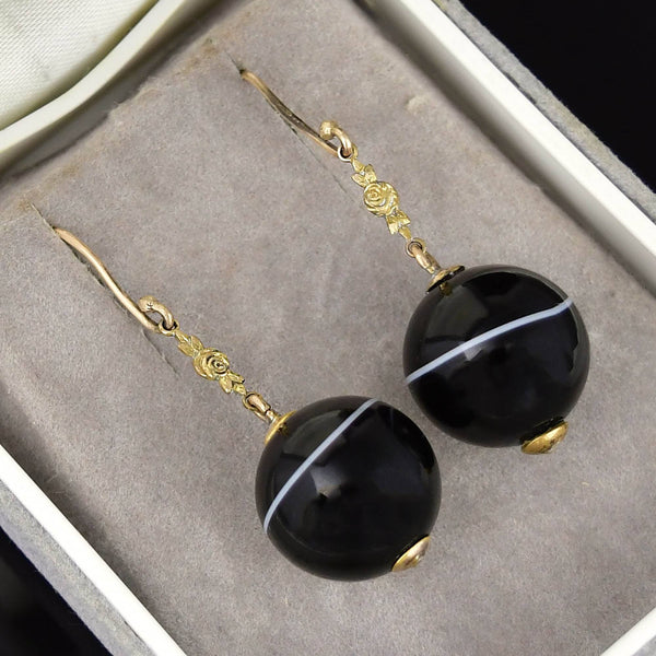 Antique Gold Rose Banded Agate Ball Drop Earrings