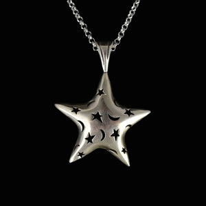 Vintage Sterling Silver Large Stars and Moons Cutout Pendant Necklace - Boylerpf