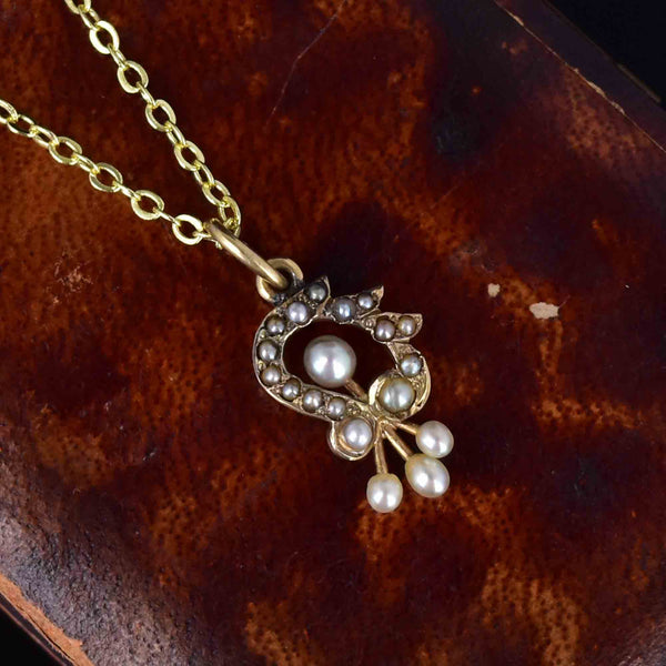 Antique Edwardian 14K Gold Floral Pearl Pendant Necklace - Boylerpf