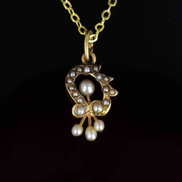 Antique Edwardian 14K Gold Floral Pearl Pendant Necklace - Boylerpf