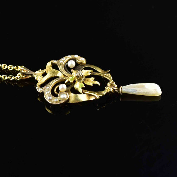 Antique Diamond Pearl 10K Gold Floral Lavalier Necklace - Boylerpf