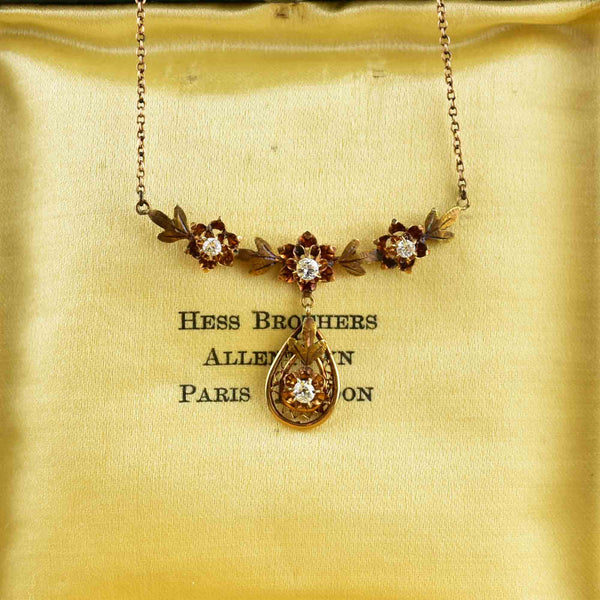 Antique Edwardian 10K Gold Diamond Floral Necklace - Boylerpf