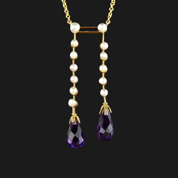 Vintage 14K Gold Pearl Amethyst Lavaliere Necklace - Boylerpf