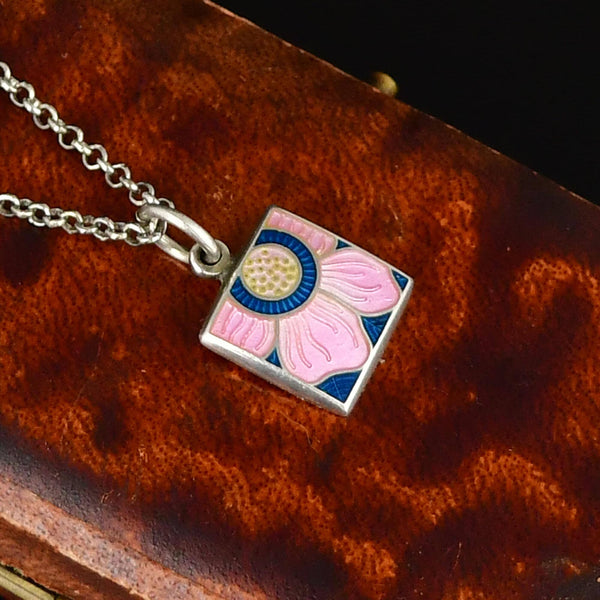 Sterling Silver Arts & Crafts Enamel Lotus Flower Necklace