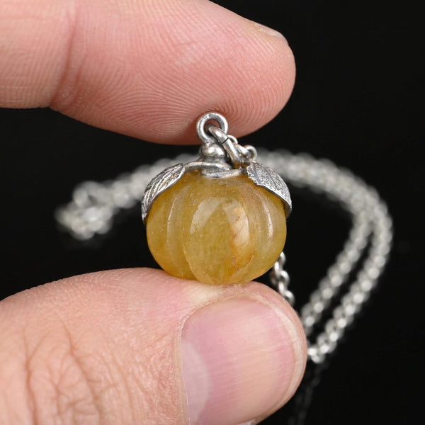 Vintage Yellow Jadeite Pumpkin Pendant, Sterling Silver