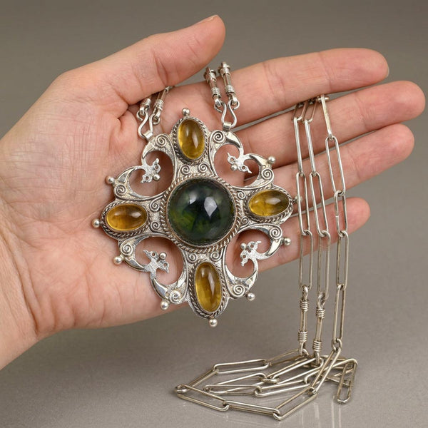 Arts & Crafts Green Tourmaline Citrine Pendant Necklace