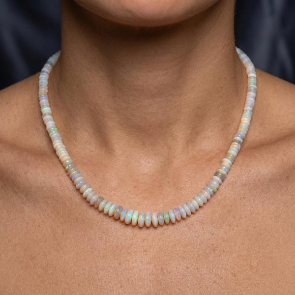 Natural Australian Opal Bead Necklace – 14K Gold Clasp