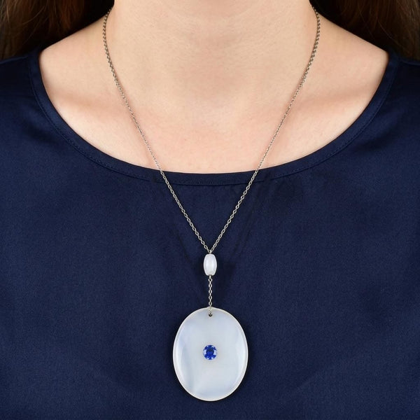 Vintage Sterling Silver White Chalcedony Blue Quartz Necklace