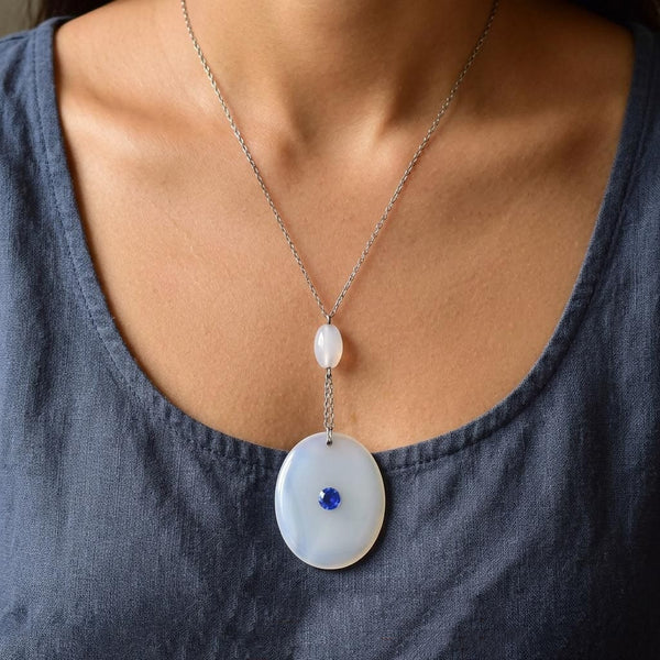 Vintage Sterling Silver White Chalcedony Blue Quartz Necklace