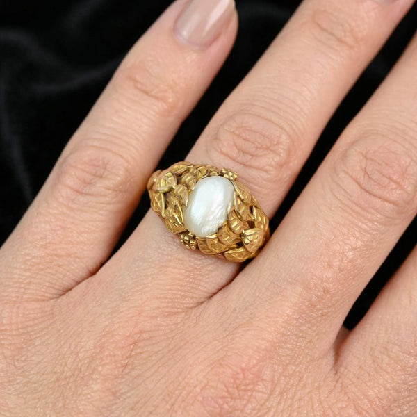 Arts & Crafts Baroque Pearl Ring 10K Gold Botanical
