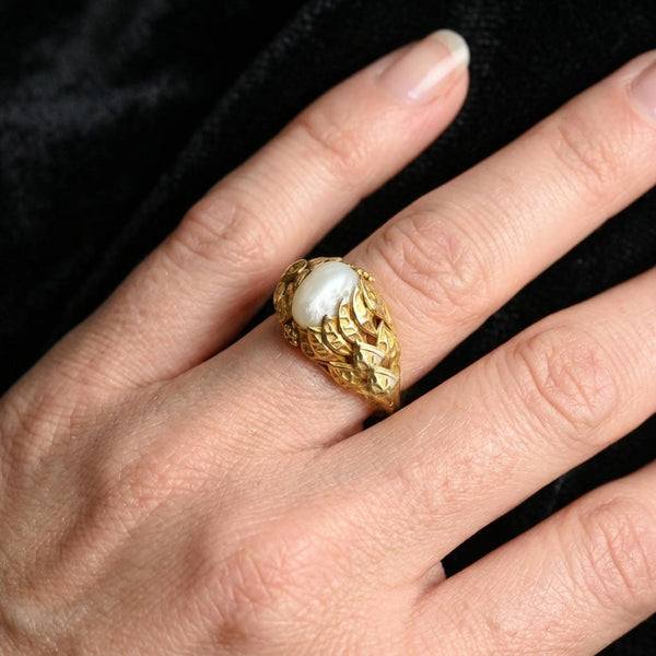 Arts & Crafts Baroque Pearl Ring 10K Gold Botanical