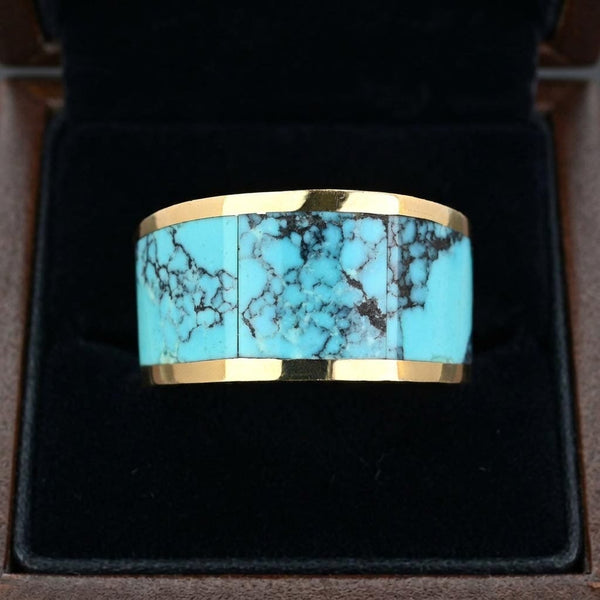 Vintage 14K Gold Turquoise Inlay Band Ring, 11.1 Grams